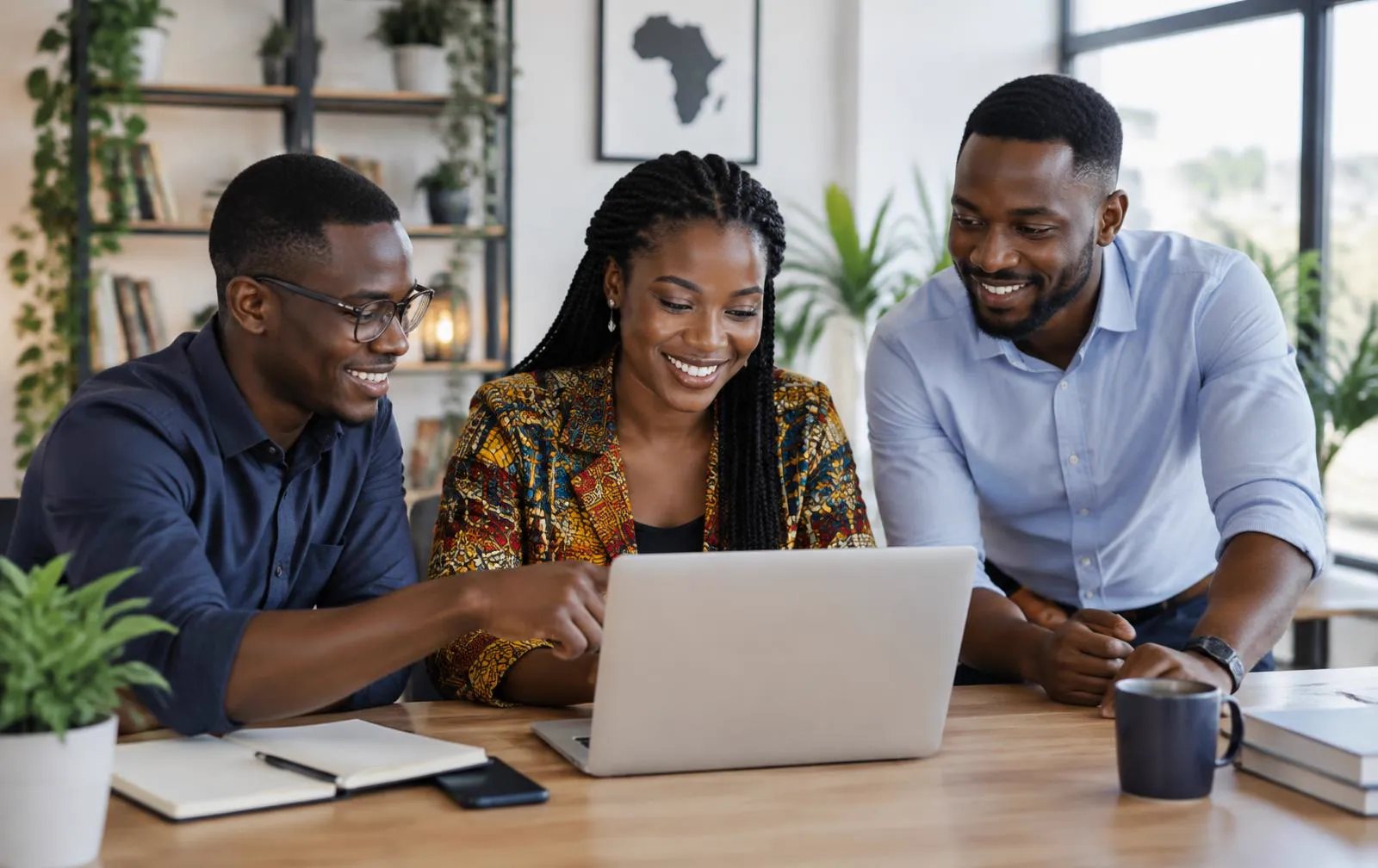 African professionals collaborating around a laptop